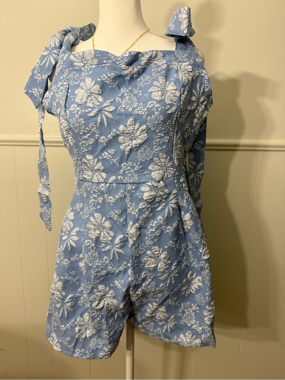 Kids Blue Floral One-Piece Romper with Shoulder Ties size XL SHEIN